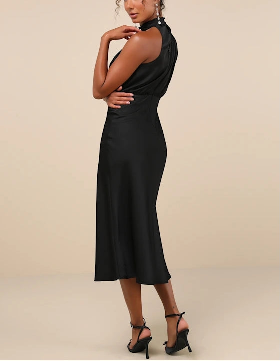 Black Satin Halterneck Asymmetrical Midi Dress Cocktail Dresses