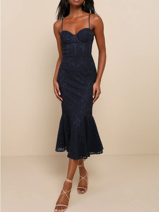 Navy Blue Lace Sleeveless Trumpet Midi Dress Spaghetti Strap Cocktail Dresses