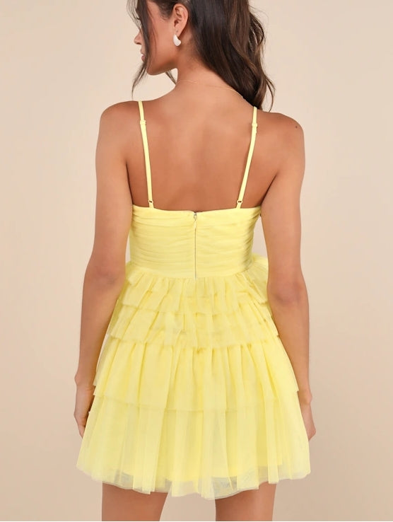 Cute A-Line Yellow Tulle V-Neck Pleated Sleeveless Tiered Mini Dress Cocktail Dresses