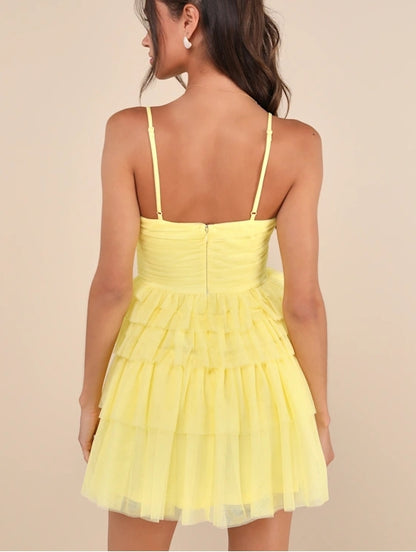 Cute A-Line Yellow Tulle V-Neck Pleated Sleeveless Tiered Mini Dress Cocktail Dresses