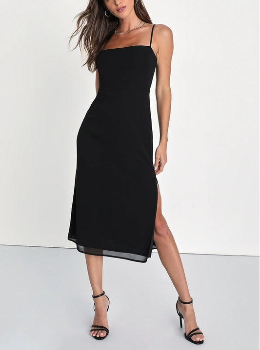 Black Sleeveless Midi Dress Spaghetti Strap Cocktail Dresses With Slit