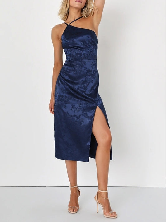 Navy Blue Satin Jacquard Halter Neck Midi Dress Cocktail Dresses With Slit