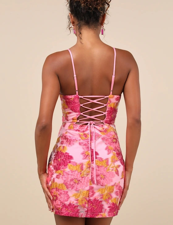 Pink Jacquard Lace-Up Bustier Mini Spaghetti Strap Cocktail Dresses