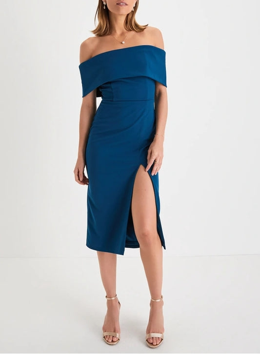 Dark Teal Blue Off-the-Shoulder Bodycon Midi Dress Cocktail Dresses With Slit