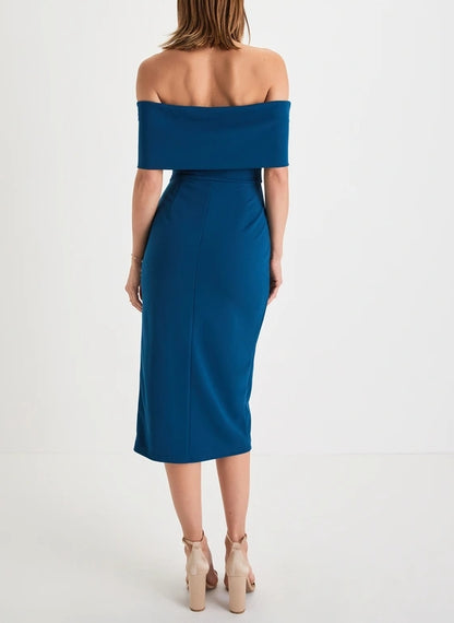 Dark Teal Blue Off-the-Shoulder Bodycon Midi Dress Cocktail Dresses With Slit