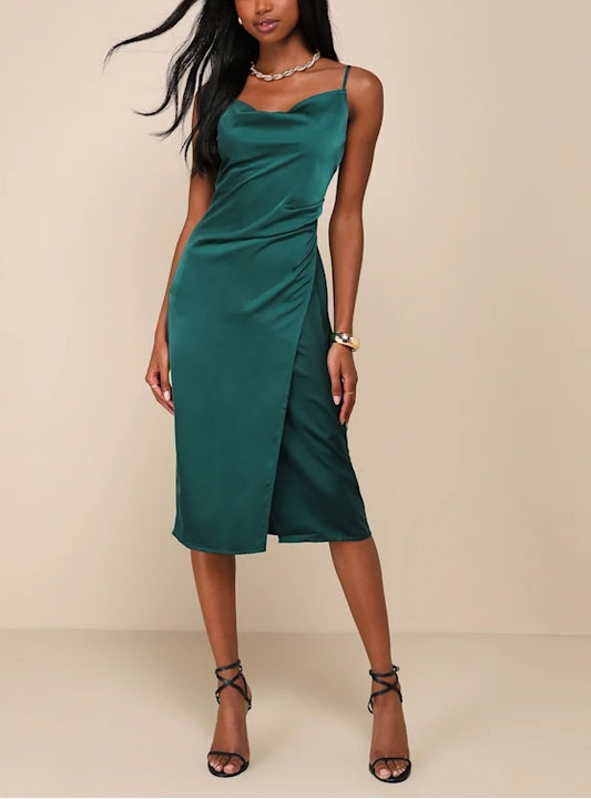 Forest Green Satin Midi Dress Spaghetti Strap Cocktail Dresses