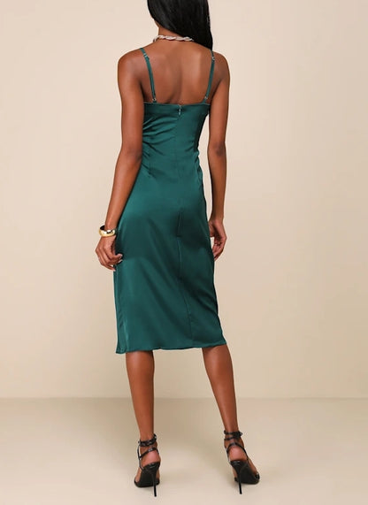 Forest Green Satin Midi Dress Spaghetti Strap Cocktail Dresses