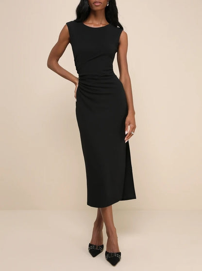 Simple Black Boat Neck Ruched Bodycon Midi Dress Cocktail Dresses