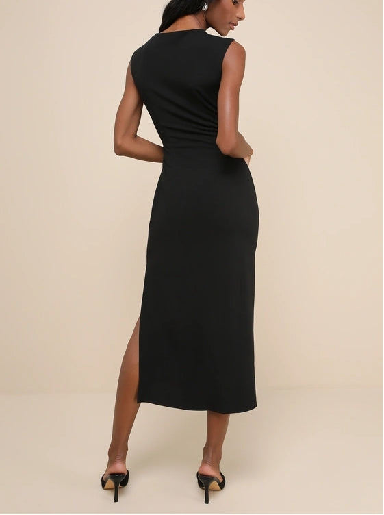 Simple Black Boat Neck Ruched Bodycon Midi Dress Cocktail Dresses