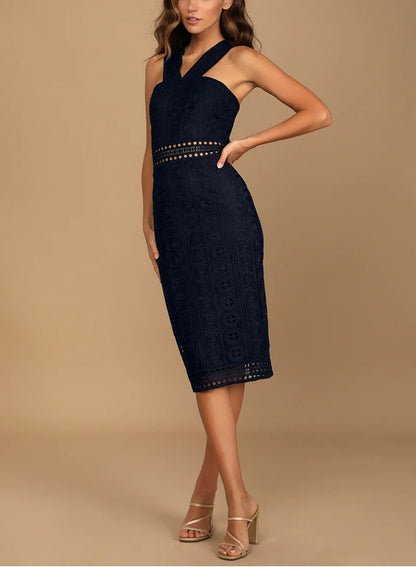 Navy Blue Crochet Lace Midi Dress Halterneck Bodycon Cocktail Dresses