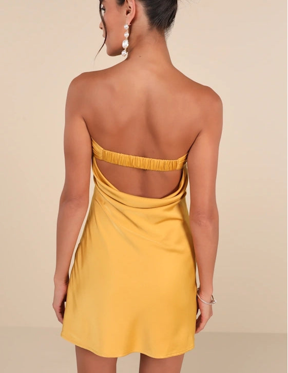 Marigold Satin Cowl Back Mini Dress Strapless Cocktail Dresses