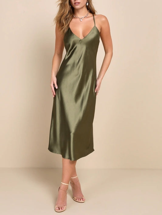 Simple Olive Green Satin Backless Slip Midi Dress