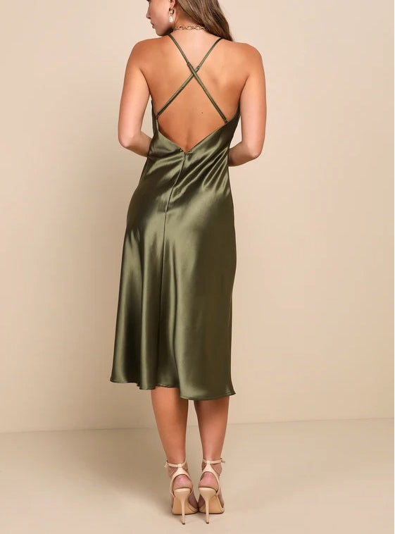 Simple Olive Green Satin Backless Slip Midi Dress