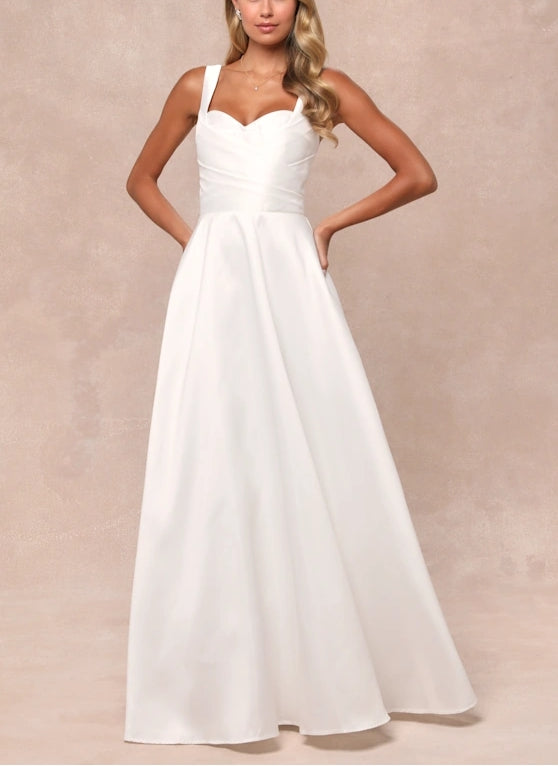 A-Line White Taffeta Pleated Sleeveless Floor-length Wedding Dress