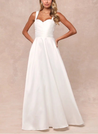 A-Line White Taffeta Pleated Sleeveless Floor-length Wedding Dress