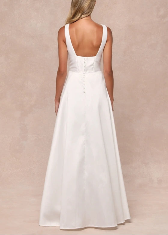 A-Line White Taffeta Pleated Sleeveless Floor-length Wedding Dress