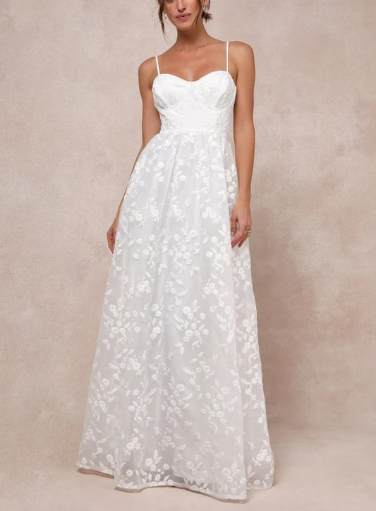 A-Line Spaghetti Strap Perfection White Organza Embroidered Bustier Floor-length Wedding Dress