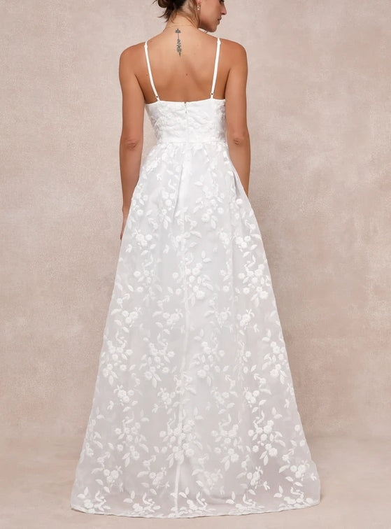 A-Line Spaghetti Strap Perfection White Organza Embroidered Bustier Floor-length Wedding Dress