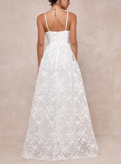 A-Line Spaghetti Strap Perfection White Organza Embroidered Bustier Floor-length Wedding Dress