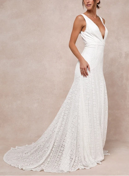 Deep V-Neck Ivory Lace Sleeveless Backless Trumpet Maxi Dress Chapel Train Wedding Dress