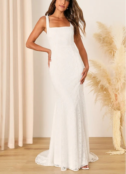 White Lace Square Neck Mermaid Long Chapel Train Wedding Dress