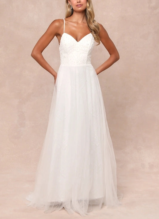 White Spaghetti Strap A-Line Lace Tulle Pearl Beaded Floor-length Wedding Dress