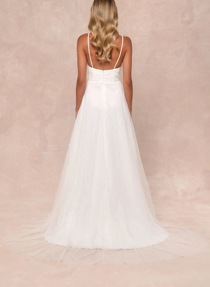 White Spaghetti Strap A-Line Lace Tulle Pearl Beaded Floor-length Wedding Dress