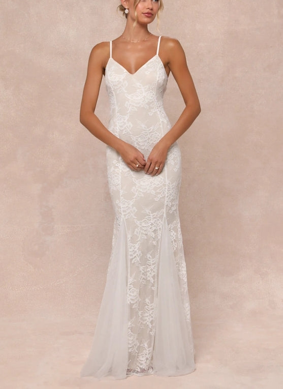 White and Beige Lace Mermaid Spaghetti Strap Floor-length Wedding Dress