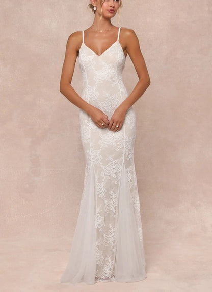 White and Beige Lace Mermaid Spaghetti Strap Floor-length Wedding Dress