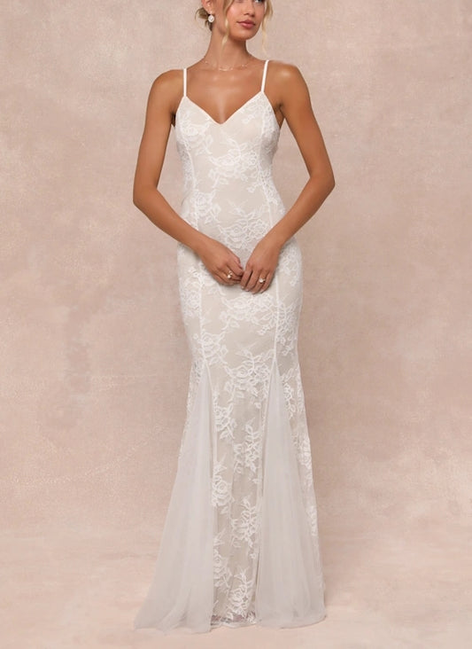 White and Beige Lace Mermaid Spaghetti Strap Floor-length Wedding Dress