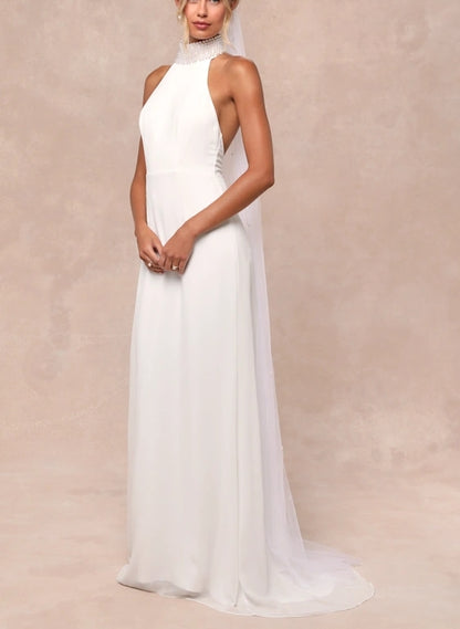 White Pearl Mock Neck Backless Chapel Train Wedding Dress