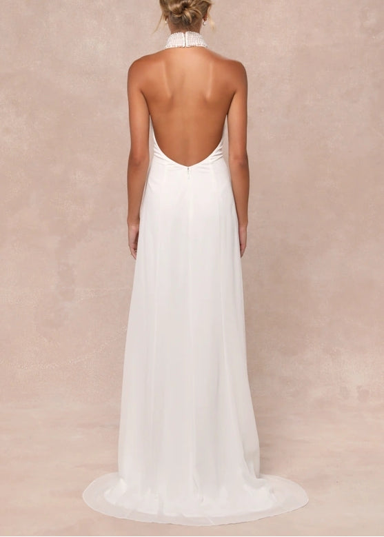 White Pearl Mock Neck Backless Chapel Train Wedding Dress