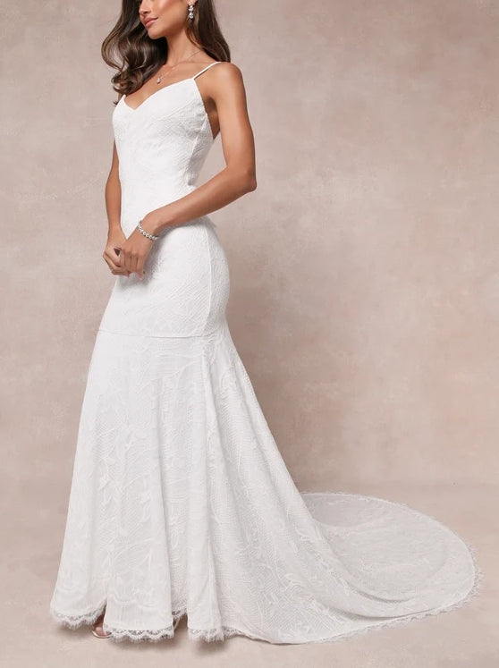 White Lace Trumpet Spaghetti Strap Backless Chapel Train Wedding Dress