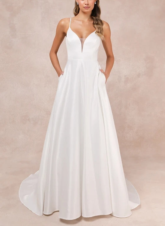 A-Line White Spaghetti Strap Satin Cutout With Pockets Chapel Train Wedding Dress