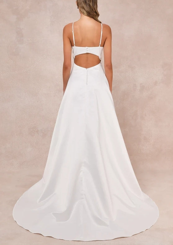 A-Line White Spaghetti Strap Satin Cutout With Pockets Chapel Train Wedding Dress