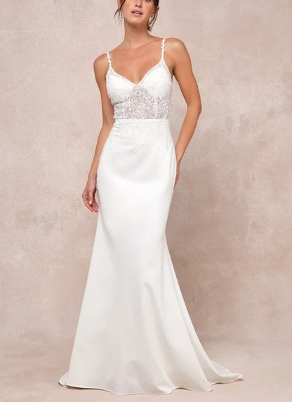 A-Line Ivory Beaded Embroidered Lace Spaghetti Strap Mermaid Chapel Train Wedding Dress