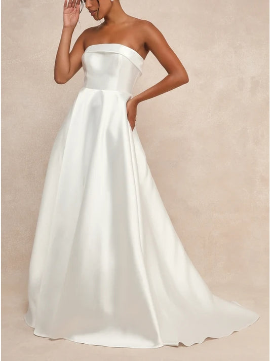 A-Line White Taffeta Bow Strapless Gown Chapel Train Wedding Dress With Bow(s)