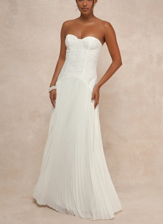 A-Line White Embroidered Pleated Strapless Floor-length Wedding Dress