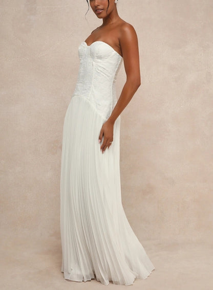 A-Line White Embroidered Pleated Strapless Floor-length Wedding Dress