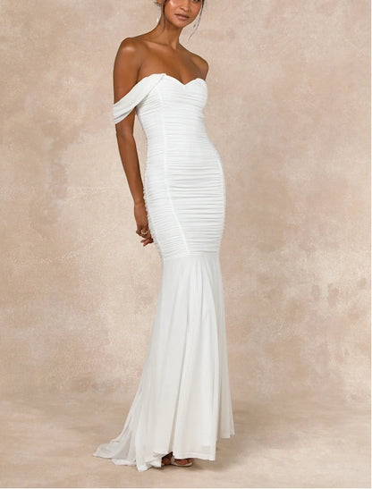 White Mesh Off-the-Shoulder Ruched Mermaid Bride Gown Chapel Train Wedding Dress