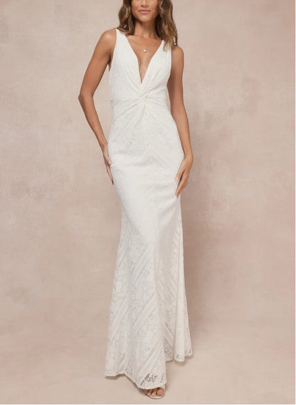 White Deep V-Neck Lace Twist-Front Sleeveless Backless Mermaid Wedding Dress