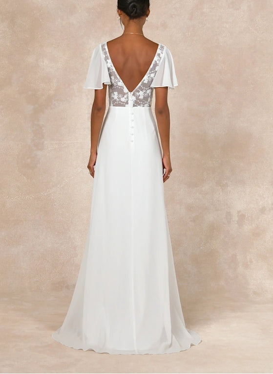 V-Neck White Flutter Sleeve Long Embroidered Wedding Dress With Slit