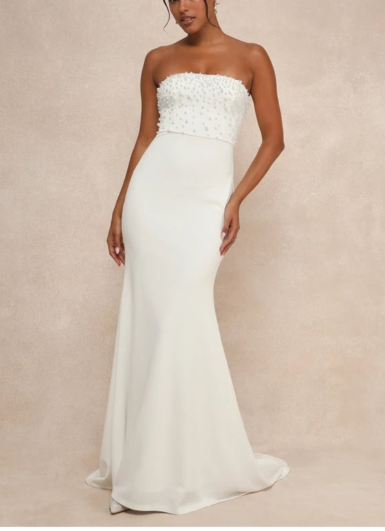 White Pearl Strapless Mermaid Bodycon Chapel Train Wedding Dress