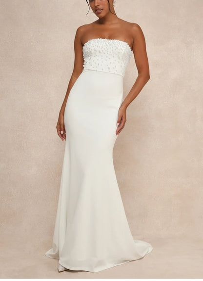 White Pearl Strapless Mermaid Bodycon Chapel Train Wedding Dress