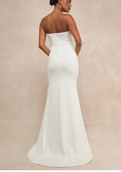 White Pearl Strapless Mermaid Bodycon Chapel Train Wedding Dress