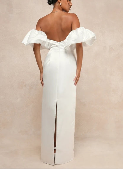 White Satin Pleated Puff Sleeve Sweetheart Long Wedding Dress