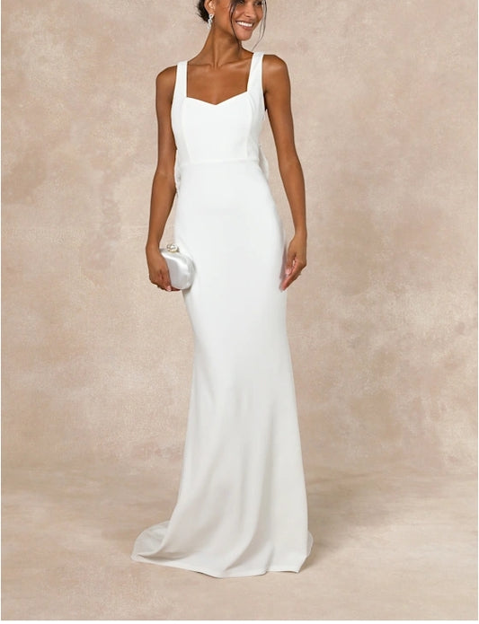 White Backless Pearl Bow Maxi Dress Bride Gown Chapel Train Wedding Dress