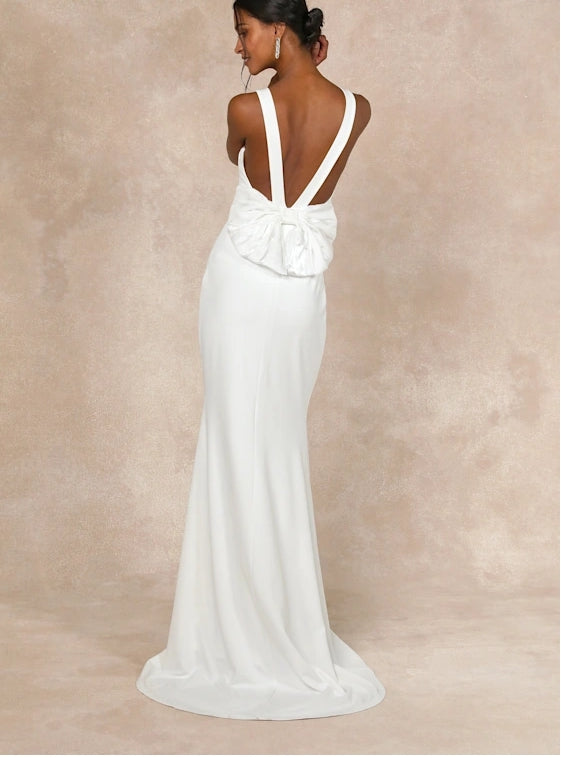 White Backless Pearl Bow Maxi Dress Bride Gown Chapel Train Wedding Dress