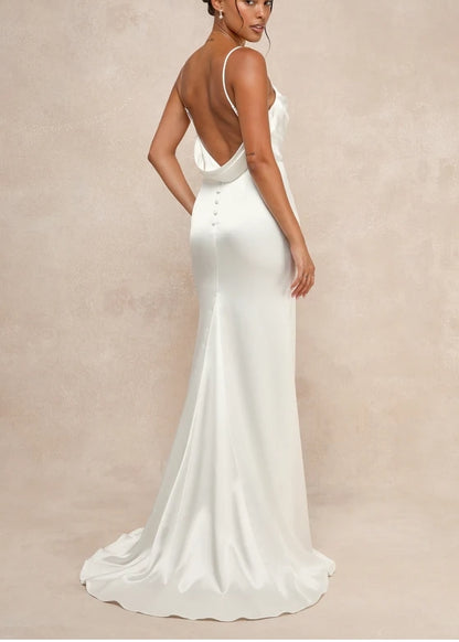 White Satin Spaghetti Strap Backless Maxi Bride Gown Chapel Train Wedding Dress