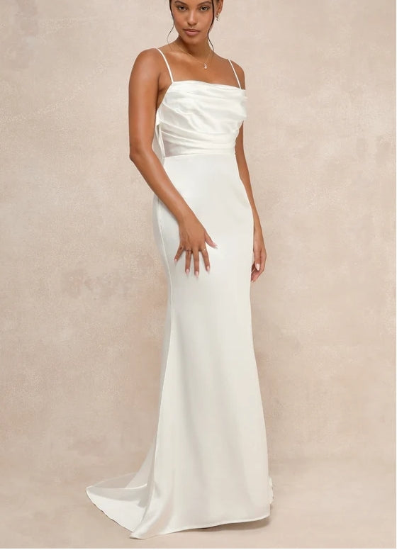 White Satin Spaghetti Strap Backless Maxi Bride Gown Chapel Train Wedding Dress